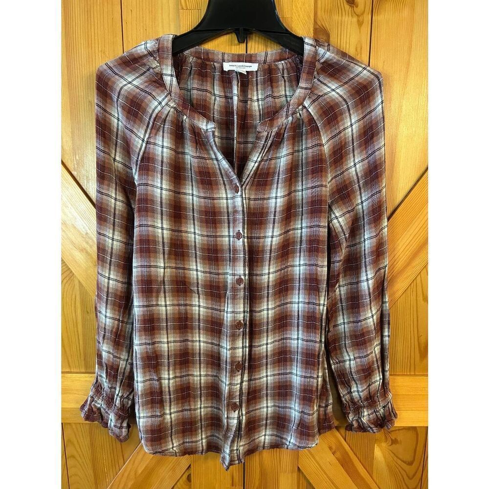 Beach Lunch Lounge Rust Plaid Long Sleeve Button Up Blouse Size Small (5232)